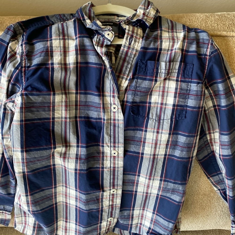 Blue, white, red button down.